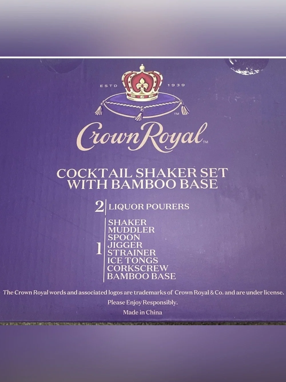 Crown Royal 10-Piece Bar Tool Set with Bamboo Stand – Silver & Natural NIB
